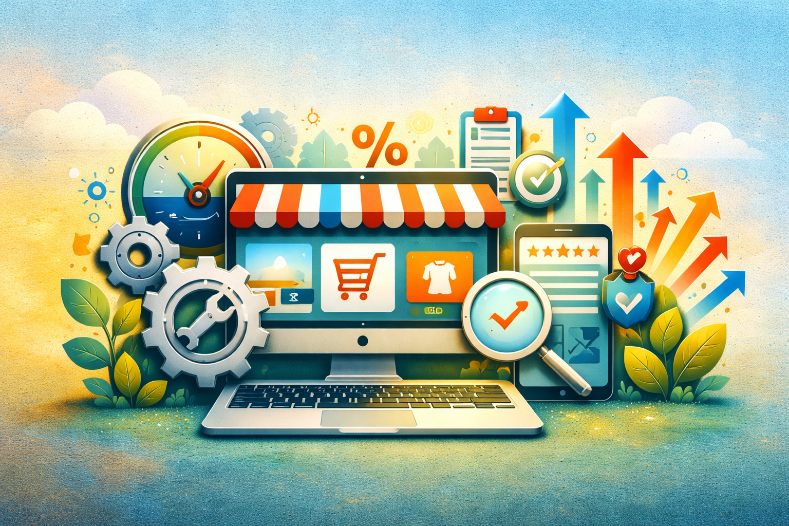 A computer with a striped store awning on the screen is surrounded by shopping, rating, and analytics icons, plus gears, phone, and arrows—symbolizing online business growth, digital marketing, and the importance of website optimization.