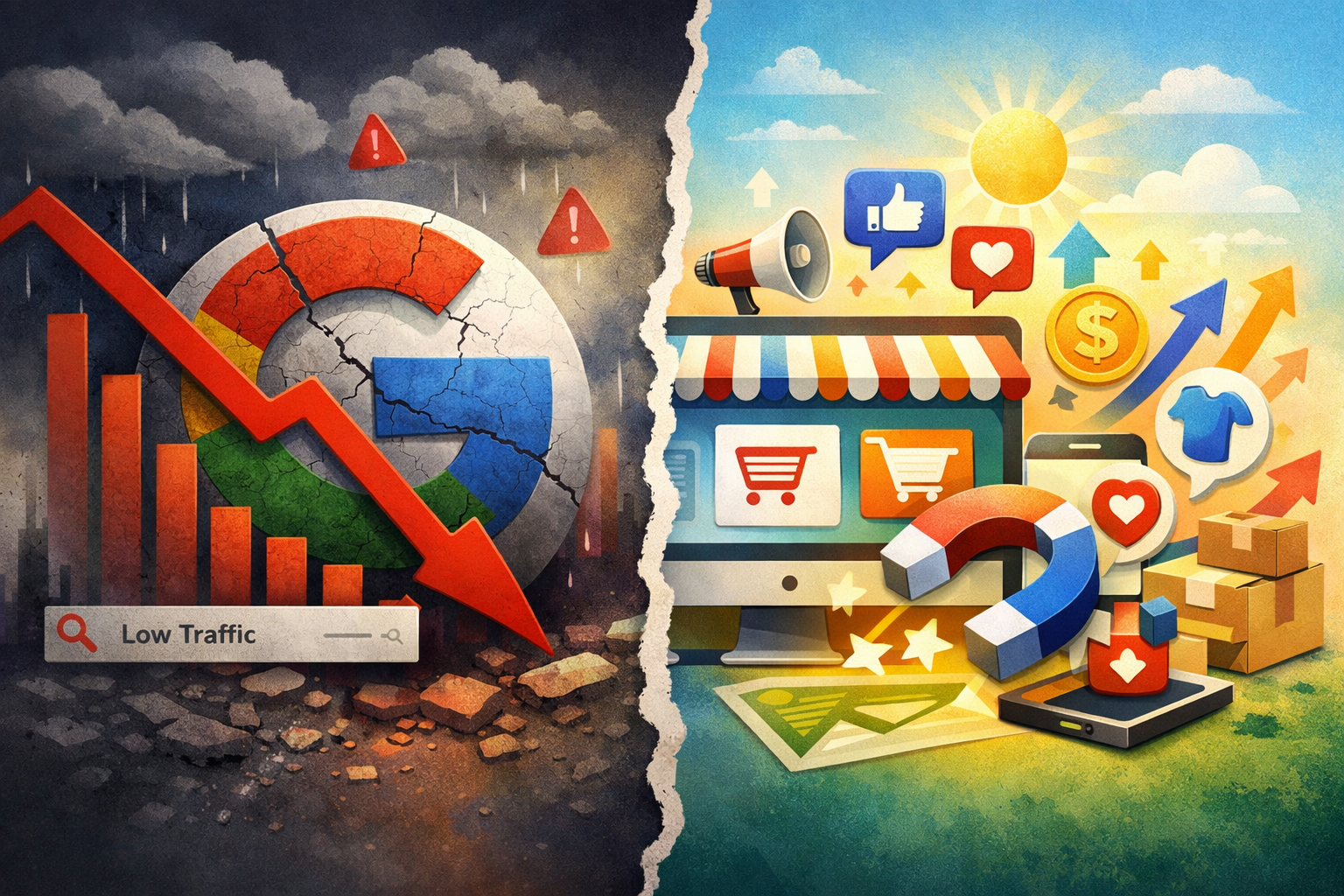 A split image: left shows a cracked Google logo, red downward graph, storm clouds, and "eCommerce traffic drop" in the search bar; right displays e-commerce icons, social media likes, dollar signs, and sunlight, symbolizing online business growth.