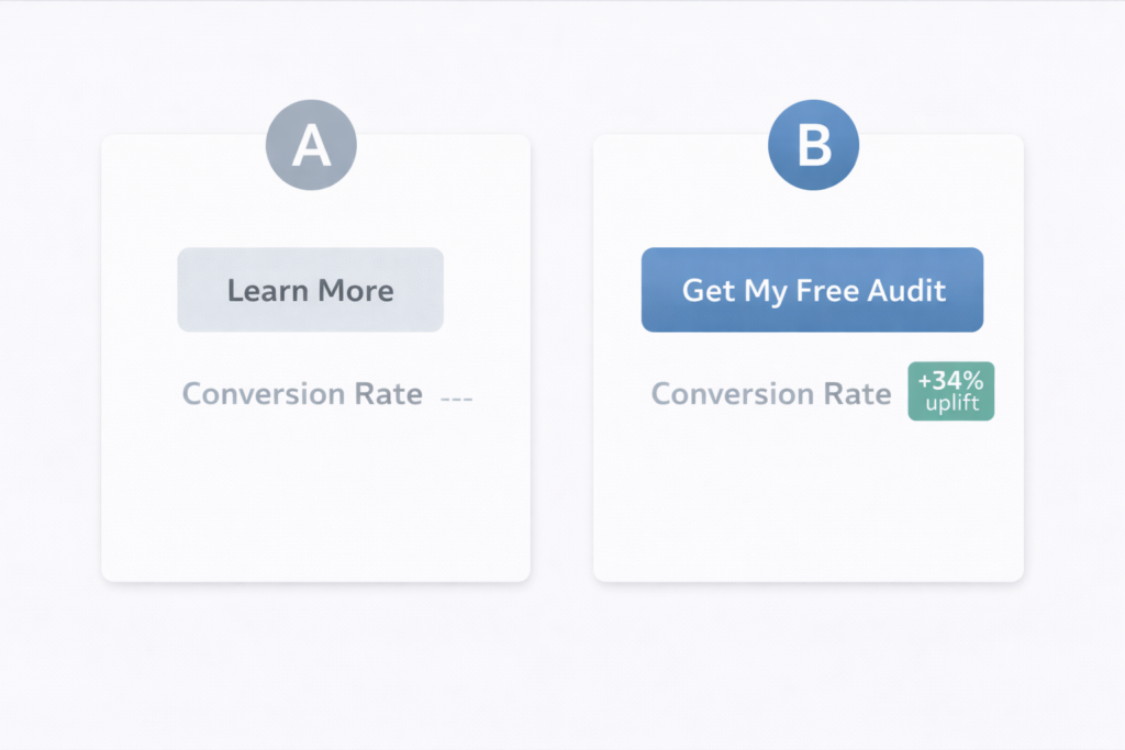 Side-by-side comparison of two buttons highlights the impact of conversion rate optimization: Option A says Learn More with no conversion rate, while Option B says Get My Free Audit, showing a +34% uplift above the conversion rate.