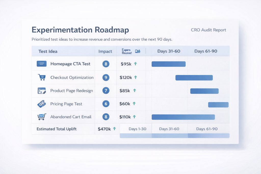 A table titled Experimentation Roadmap lists five test ideas, their impact, estimated uplift, and timing over 90 days. Blue bars show project durations. Total estimated uplift is $470K.