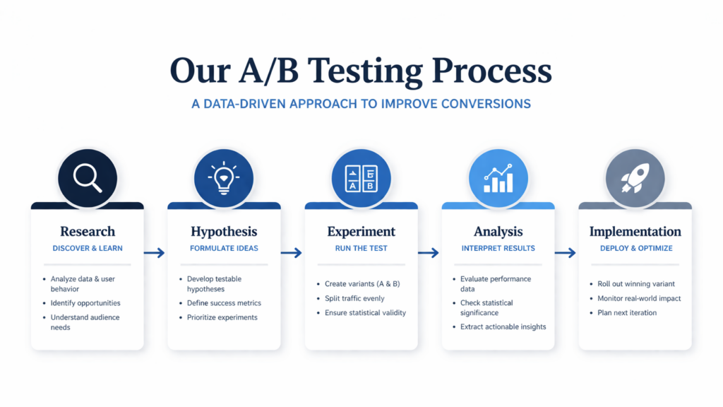 A flowchart titled Our A/B Testing Process shows five steps: Research, Hypothesis, Experiment, Analysis, and Implementation, each with icons and brief descriptions underneath, illustrating a data-driven approach to improve conversions.