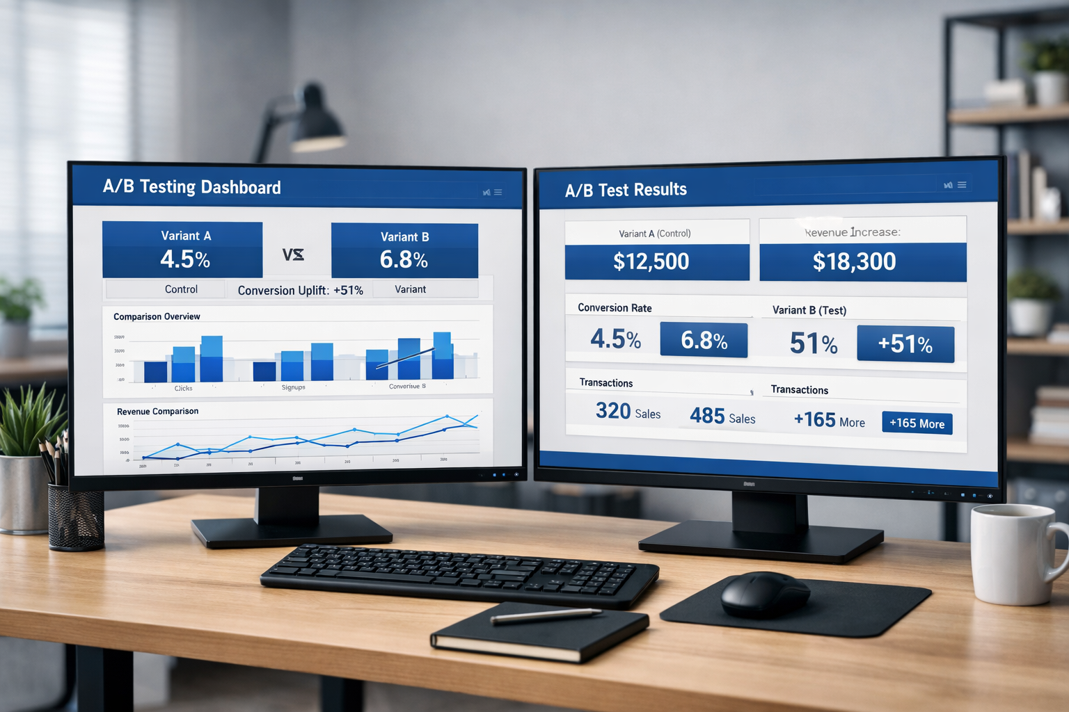 Dual monitors on a desk display an A/B testing dashboard and results, comparing Variant A and B with metrics like conversion rates, revenue, sales, and graphs; keyboard and mouse are on the desk.