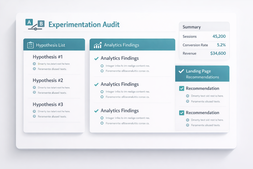 A dashboard titled Experimentation Audit displays a hypothesis list, analytics findings, and landing page recommendations to increase conversions. A summary shows 45,200 sessions, a 5.2% conversion rate, and $34,600 in revenue.