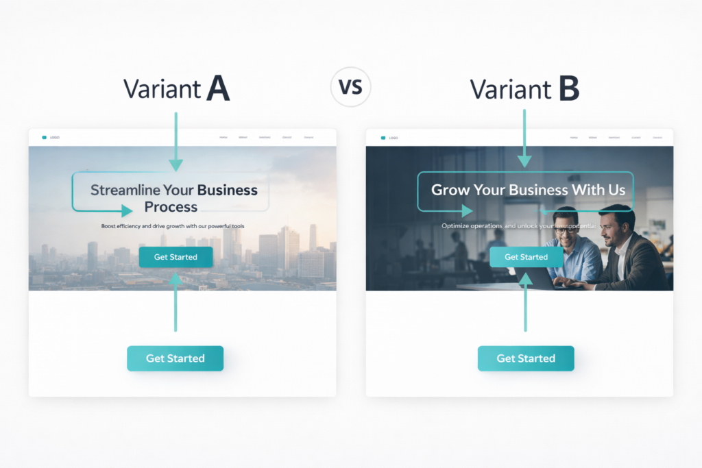 Side-by-side comparison of two website homepage designs labeled Variant A and Variant B, showcasing a prominent “Get Started” button and different headlines for business growth—ideal for A/B Testing and conversion optimization experiments.