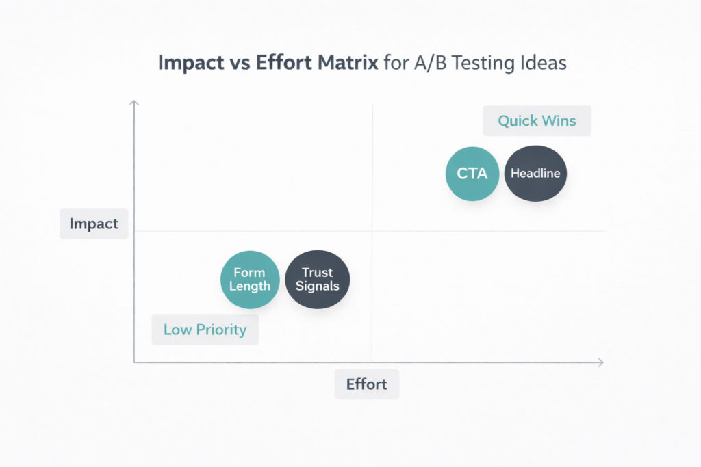 A 2x2 Impact vs Effort Matrix for A/B Testing experiments plots four ideas: CTA and Headline as Quick Wins (high impact, low effort), Form Length and Trust Signals, and Low Priority—helping prioritize tests to increase conversions.