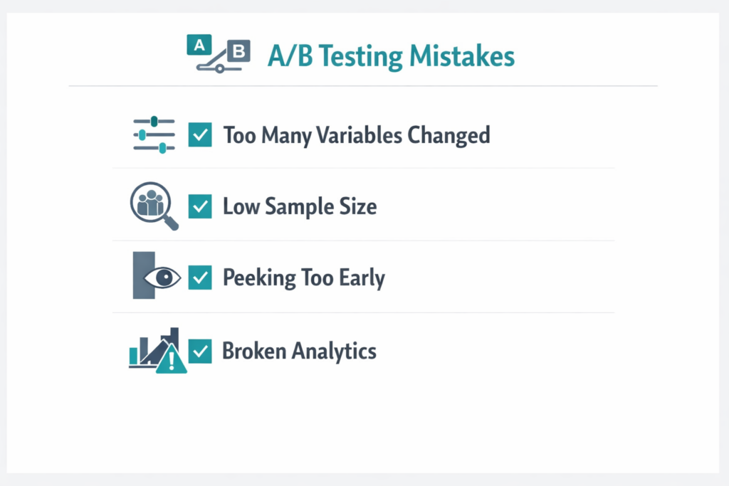 A graphic titled A/B Testing Mistakes lists: Too Many Variables Changed, Low Sample Size, Peeking Too Early, and Broken Analytics—crucial experiments errors to avoid if you want to increase conversions. Each has a unique icon and a checkmark.