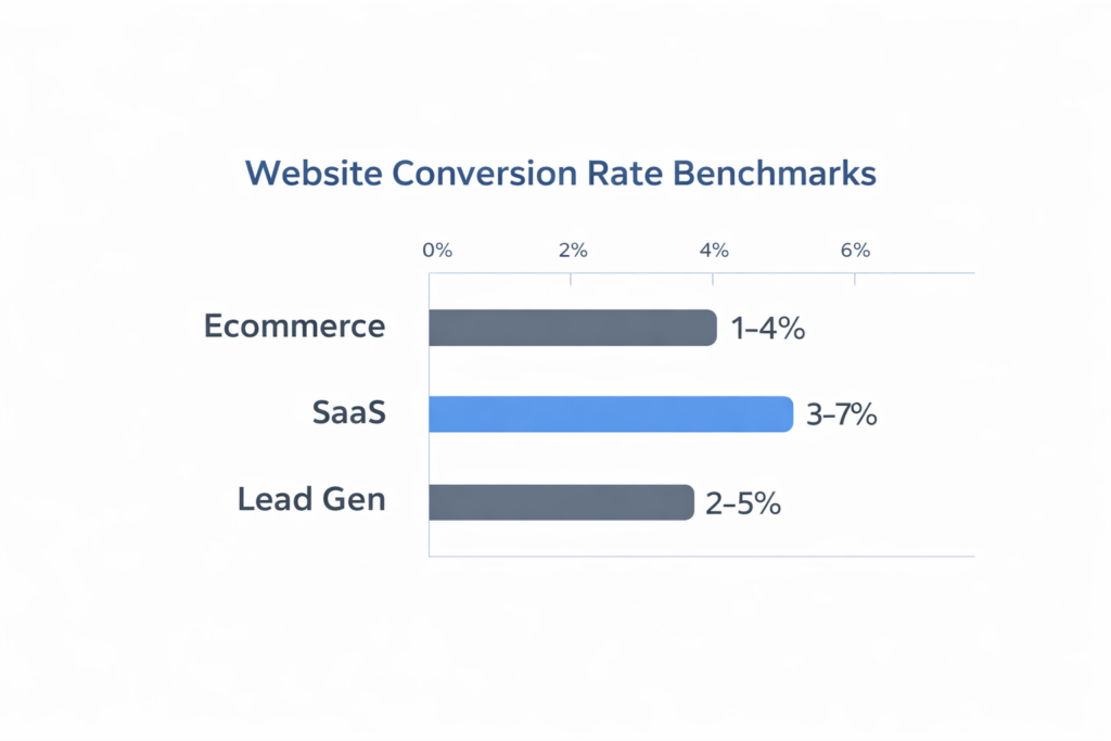 Bar chart titled Website Conversion Rate Benchmarks showing the typical low conversion rate for Ecommerce: 1-4%, SaaS: 3-7% (highlighted in blue), and Lead Gen: 2-5%. The SaaS bar is blue, while the others are grey.