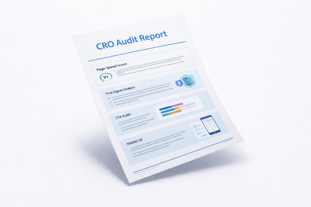 A single-page CRO Audit Report identifying causes of low conversion rate, featuring sections for Page Speed Score (91), Trust Signal Analysis, CTA Audit, and Mobile UX, illustrated with icons and charts on a white background.