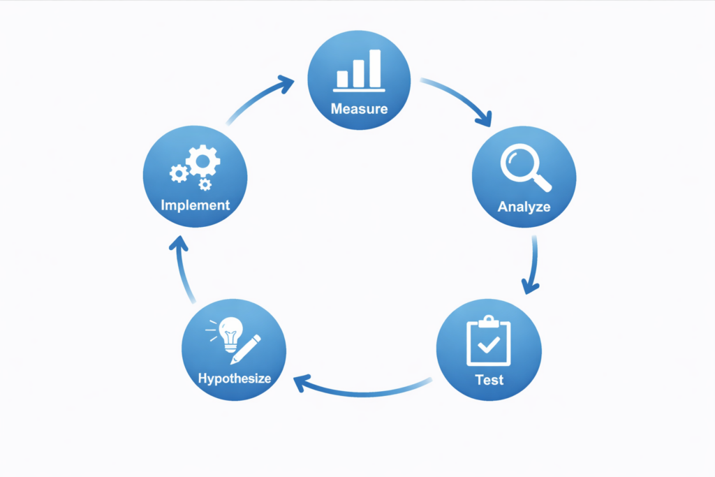 A circular flowchart with five blue icons—Measure, Analyze, Test, Hypothesize, and Implement—each connected by arrows to illustrate a continuous conversion rate optimization process cycle.