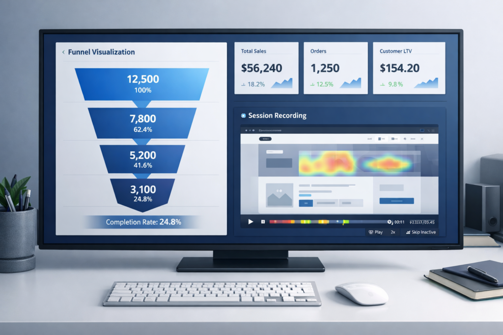 A desktop monitor displays business analytics: a funnel visualization, session heatmap recording, and key metrics like total sales, orders, customer lifetime value, and Shopify cart abandonment rate, with a keyboard and mouse on the desk.