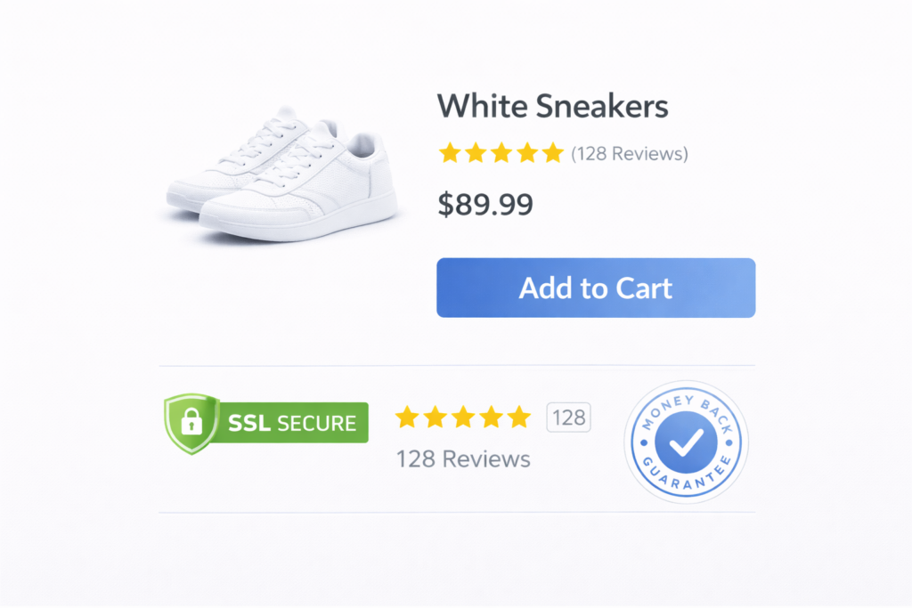Product listing for white sneakers with a photo, 128 reviews, 5-star rating, $89.99 price, Add to Cart button, SSL Secure icon, and Money Back Guarantee badge—designed to help you avoid a low conversion rate on your purchases.