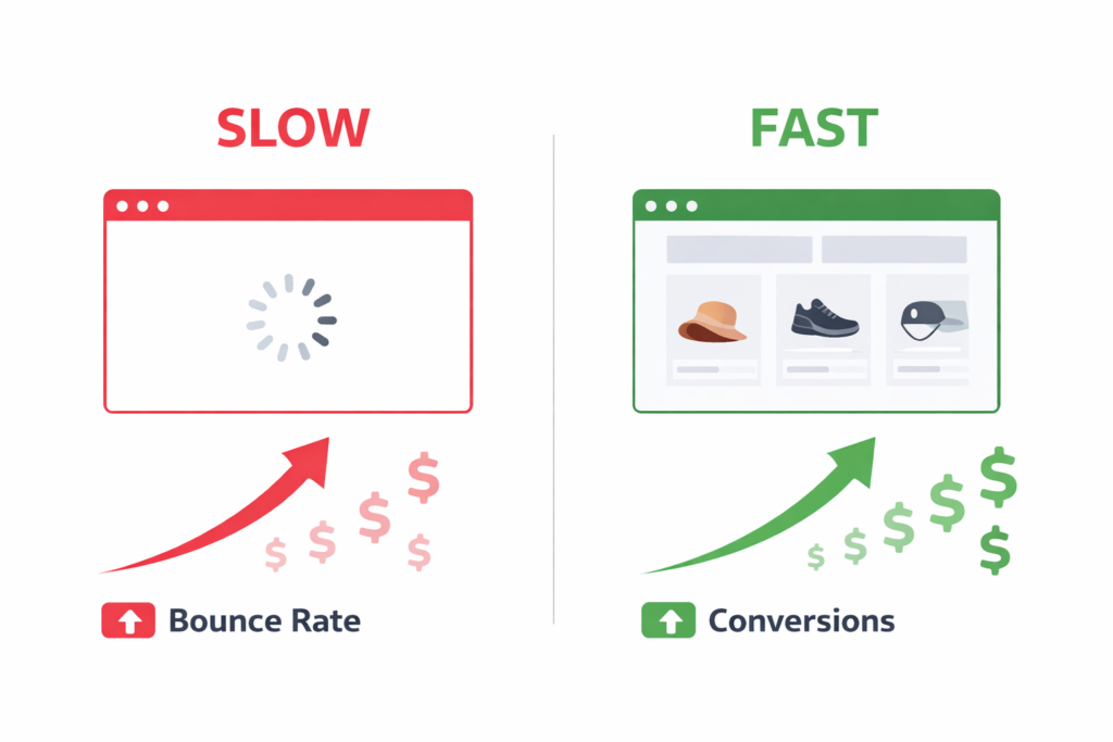Comparison graphic: On the left, a slow-loading webpage raises bounce rate and loses money; on the right, Shopify speed optimization boosts a shopping site's conversions and revenue, illustrated by upward arrows and dollar signs.