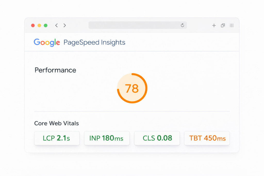 A Google PageSpeed Insights report shows a performance score of 78, with Shopify speed optimization metrics: LCP 2.1s, INP 180ms, CLS 0.08, and TBT 450ms, all displayed in colored boxes below the score.