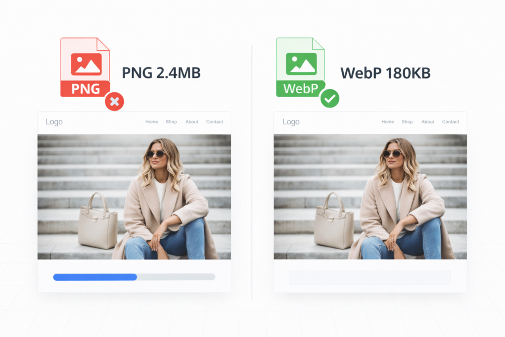 Side-by-side comparison of a PNG image (2.4MB) and a WebP image (180KB) showing the same woman on steps, highlighting WebP’s smaller size and faster loading—ideal for Shopify speed optimization—with check and cross icons.