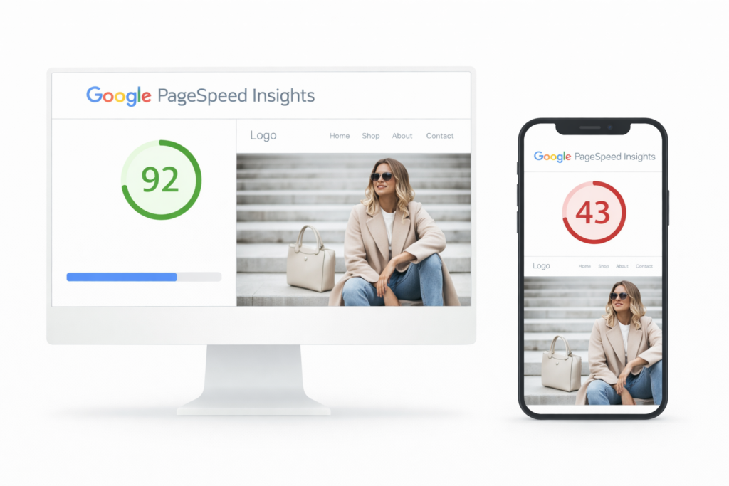 A monitor displays a website with a Google PageSpeed score of 92 in green, thanks to Shopify speed optimization, while a smartphone shows the same site with a score of 43 in red. Both screens feature an image of a woman in a beige coat sitting on steps.