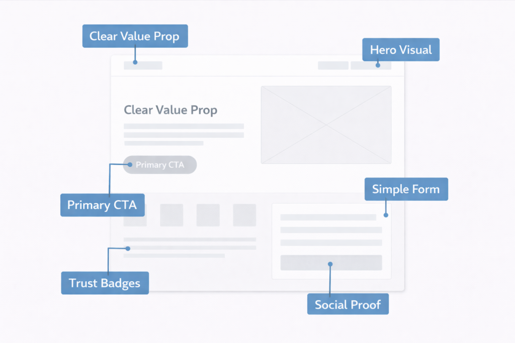 A wireframe of a web page labeled with key elements for conversion rate optimization: clear value prop, hero visual, primary CTA, simple form, trust badges, and social proof. Each label points to its corresponding section on the wireframe.