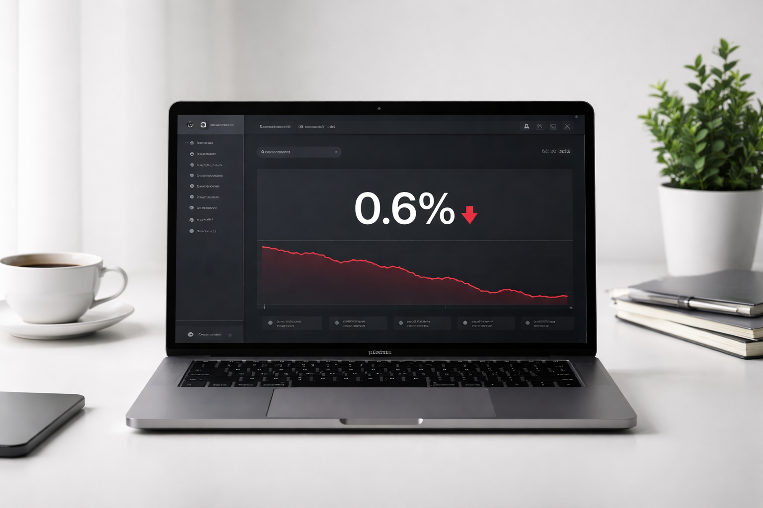 A laptop on a white desk displays a screen showing a 0.6% decrease and a red declining line graph, symbolizing a low conversion rate. Nearby are a cup, saucer, notebook, pen, smartphone, and a small potted plant.