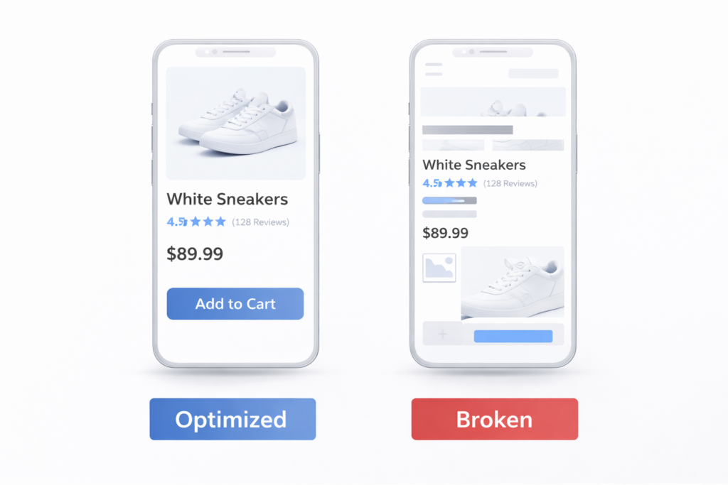 Two smartphones display online shopping screens for white sneakers. The left screen is clear and labeled Optimized, while the right is blurry and incomplete, labeled Broken—highlighting how poor design can lead to a low conversion rate.