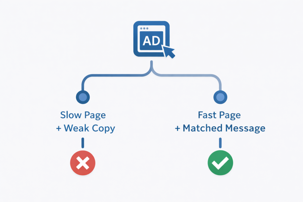 A diagram shows an ad leading to two pages: one is a slow page with weak copy marked with a red X, and the other is a fast page with a matched message marked with a green check.