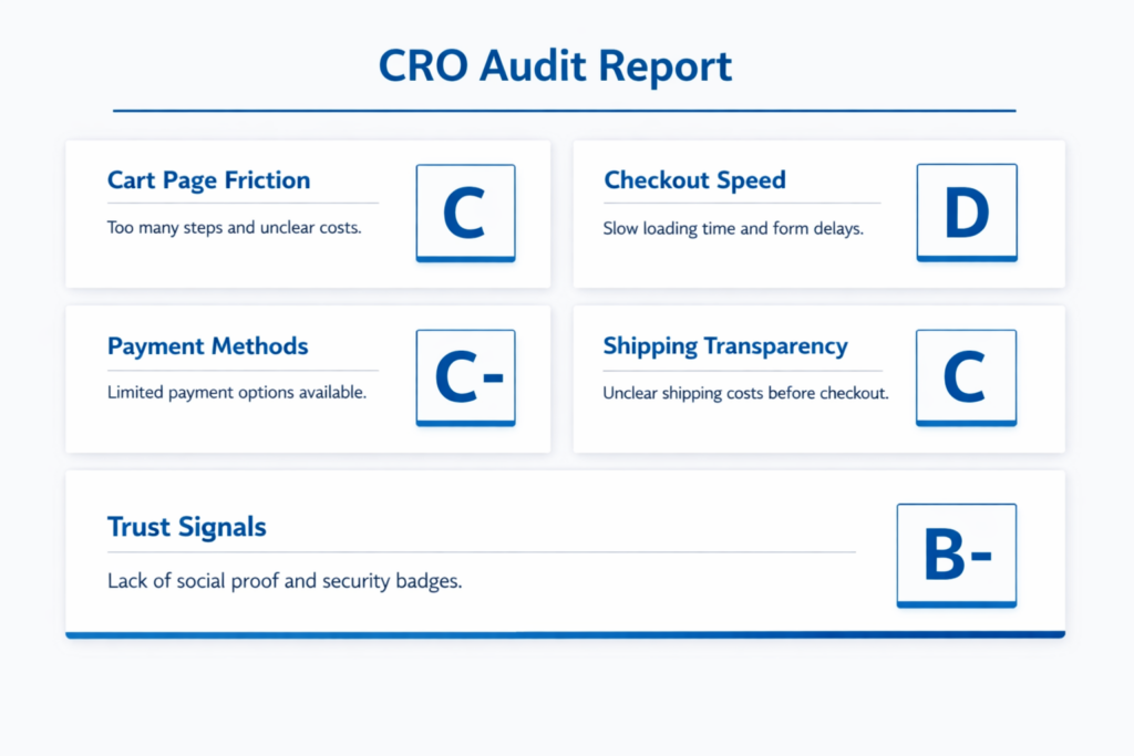 A CRO Audit Report card for your Shopify store reveals five key areas: Cart Page Friction (C), Checkout Speed (D), Payment Methods (C-), Shipping Transparency (D), and Trust Signals (B-). Improve these to reduce cart abandonment and recover sales.