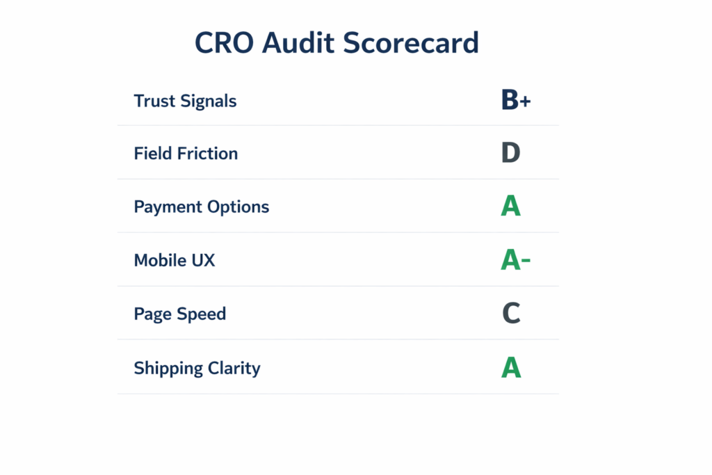 A CRO Audit Scorecard for Shopify checkout optimization: Trust Signals - B+, Field Friction - D, Payment Options - A, Mobile UX - A-, Page Speed - C, Shipping Clarity - A. Improve these areas to convert more visitors into customers.