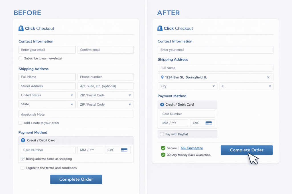 Side-by-side comparison of a checkout form before and after Shopify Checkout Optimization; the After version features autofilled address fields, trust signals like security badges, and a large Complete Order button with a hovering pointer cursor to boost convert rates.