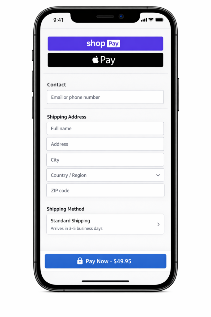 A smartphone screen displays a checkout page featuring Shop Pay and Apple Pay options, clear trust signals, contact and shipping address fields, standard shipping, and a blue “Pay Now • $49.95” button—showcasing effective Shopify checkout optimization.