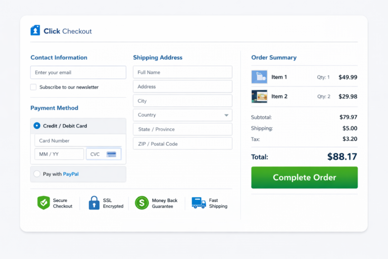 A checkout page designed for conversion, featuring Shopify checkout optimization with fields for email, shipping address, payment info, and order summary. Trust signals like security, SSL, guarantee, and shipping icons appear at the bottom above a green Complete Order button.