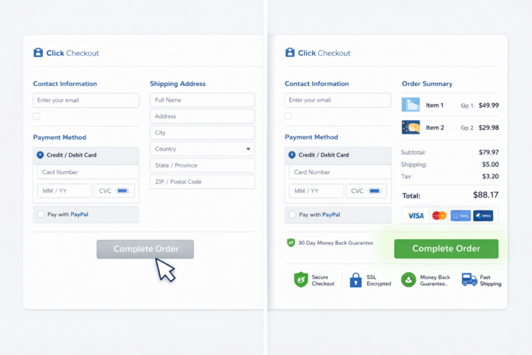 Side-by-side checkout forms: the left is incomplete and the “Complete Order” button is greyed out; the right, featuring Shopify checkout optimization and clear trust signals, is fully filled in with a clickable green “Complete Order” button—boosting conversion.