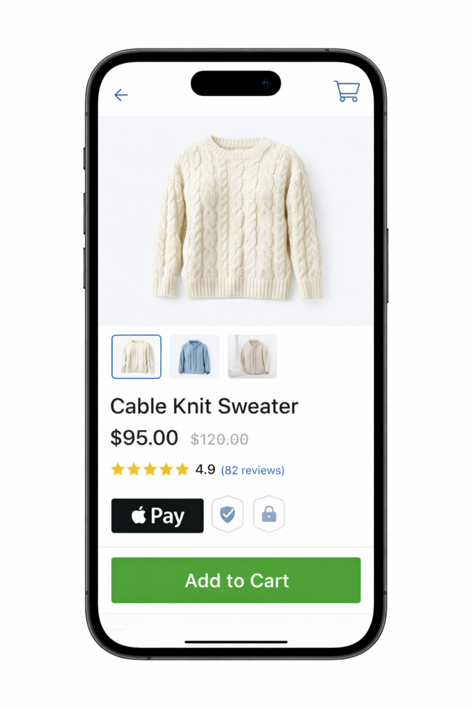 A smartphone screen displays an online shopping app showing a cream-colored cable knit sweater for $95, with options to view other colors, a 4.9-star rating, and Add to Cart and Apple Pay buttons.