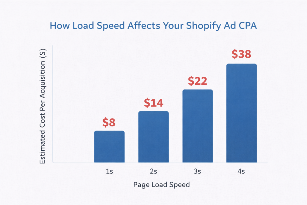 Bar chart titled How Load Speed Affects Your Shopify Ad CPA, showing that as page load speed increases from 1s to 4s, estimated cost per acquisition rises from $8 to $38.