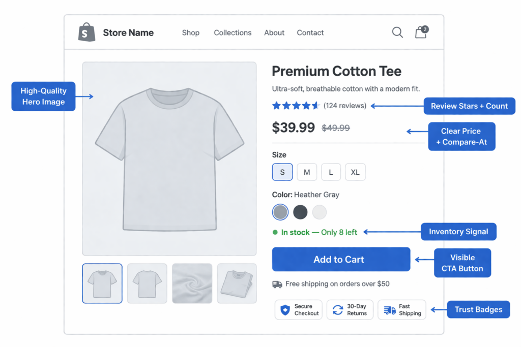 An online store product page features a gray t-shirt image, product title, price, size options, color selector, star ratings, stock info, Add to Cart button, free shipping note, trust badges, and review highlights.