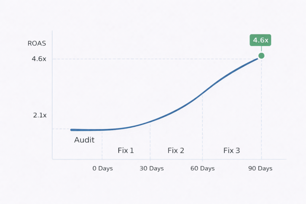 Line graph showing ROAS growth over 90 days. The curve starts flat at Audit, rises through Fix 1 (30 days), Fix 2 (60 days), and peaks at Fix 3 (90 days) with a 4.6x ROAS.