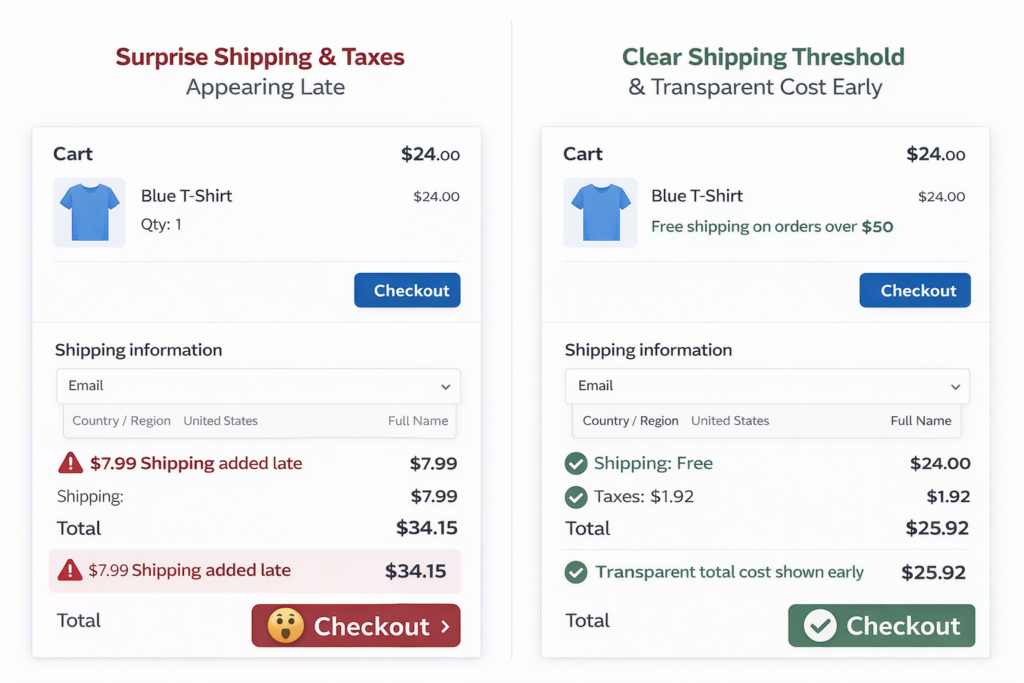 Side-by-side comparison of two online checkout carts for a T-shirt. The left cart adds $7.99 shipping at checkout, which can increase Shopify cart abandonment. The right cart shows free shipping and clear fees, encouraging customers to recover sales.