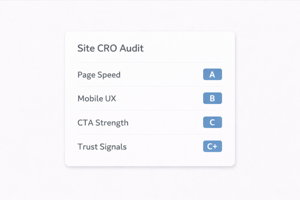 A website audit report card focused on conversion rate optimization, showing grades: Page Speed (A), Mobile UX (B), CTA Strength (C), and Trust Signals (C+), each in a blue box next to the category name.