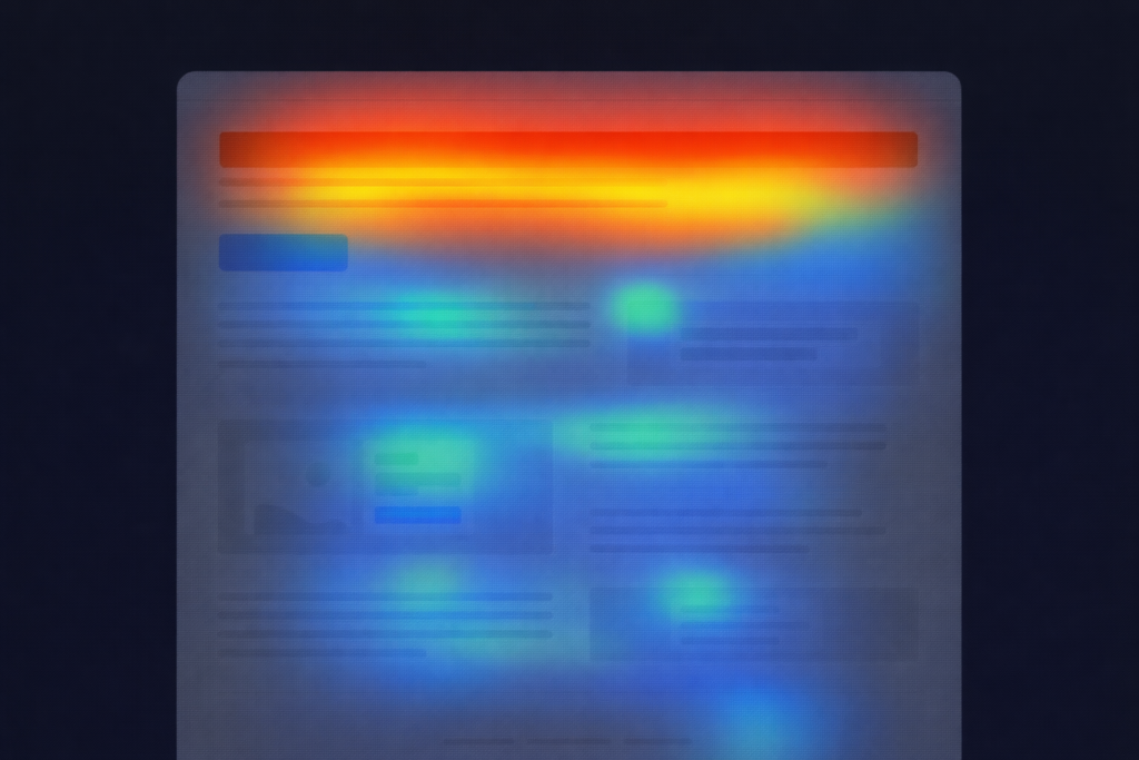 A website heatmap shows areas of high user attention in red and orange at the top, fading to yellow, green, and blue—where a low conversion rate may occur—indicating less attention on those sections. The background is dark.