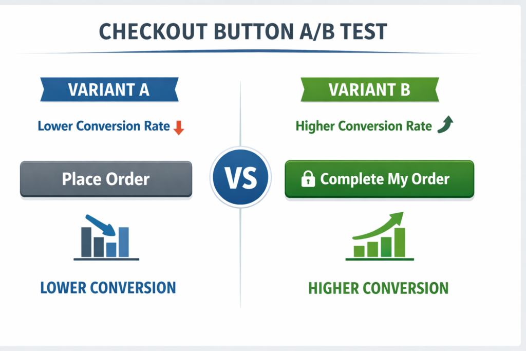 A/B test comparison showing Variant A with Place Order button and lower conversion, and Variant B with Complete My Order button and higher conversion; graphs illustrate how WooCommerce checkout optimization can help recover lost revenue.