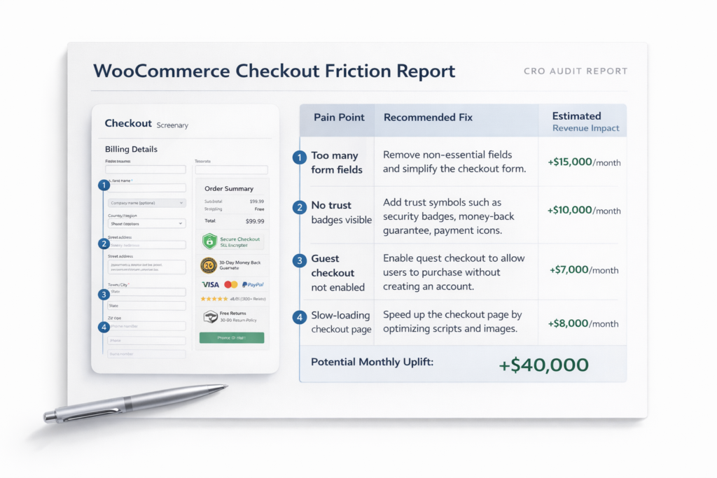A report titled WooCommerce Checkout Friction Report highlights four pain points, recommended checkout fixes, and estimated revenue impacts to help recover lost revenue—totaling a potential monthly uplift of +$40,000. A pen and checkout form are also displayed.