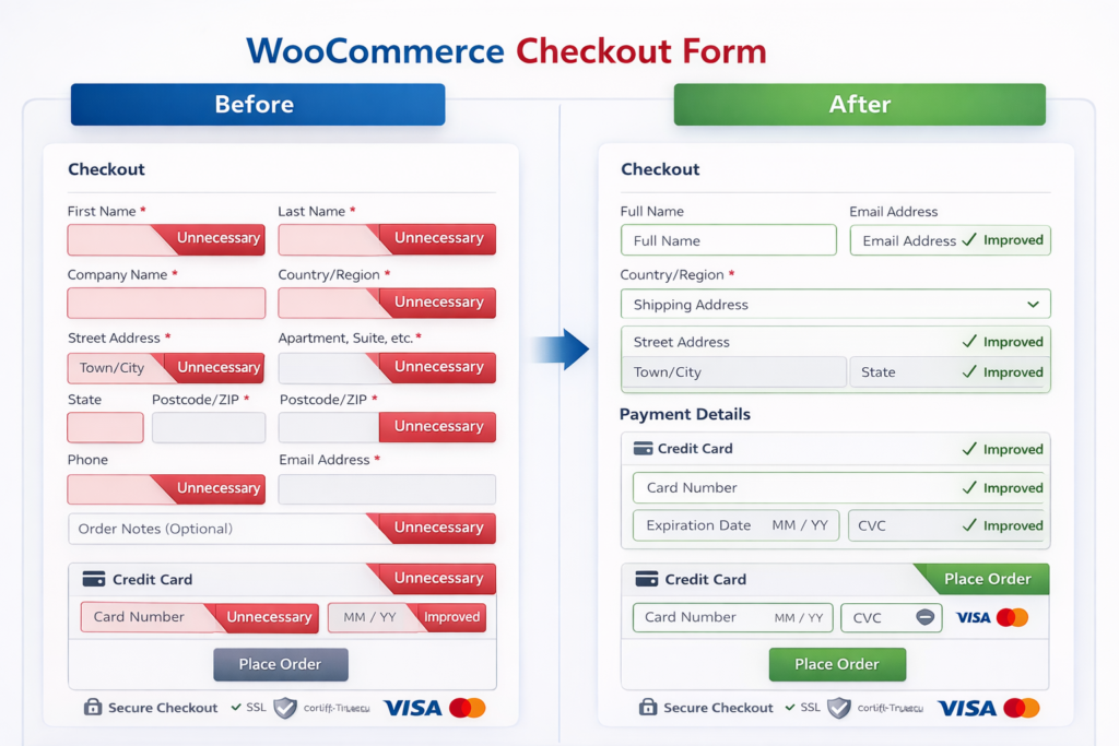 A comparison of WooCommerce checkout forms. The Before form is cluttered with unnecessary fields (marked in red), while the After form uses WooCommerce Checkout Optimization, showing only essential fields (marked in green) to help recover lost revenue.
