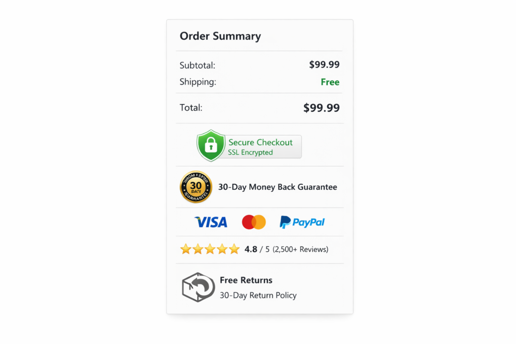 Order summary: subtotal $99.99, free shipping, total $99.99; secure checkout badge, WooCommerce Checkout Optimization to recover lost revenue, 30-day money back guarantee, payment options (Visa, MasterCard, PayPal), 4.8/5 stars from 2,500+ reviews.