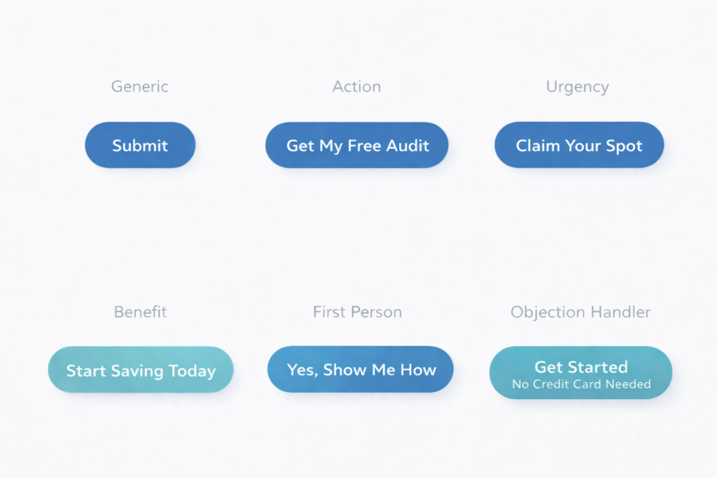 A chart with six blue buttons labeled by type, perfect for Website Experiments or A/B Testing to identify High-Impact Tests: Submit (Generic), Get My Free Audit (Action), Claim Your Spot (Urgency), and more.