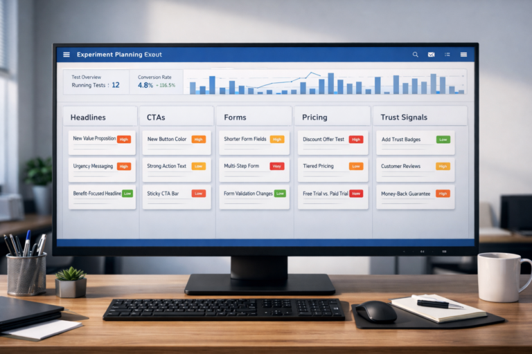 A computer monitor displays a Website Experiments planning dashboard with sections labeled Headlines, CTAs, Forms, Pricing, and Trust Signals, showing various tasks and status tags in a modern office setting.