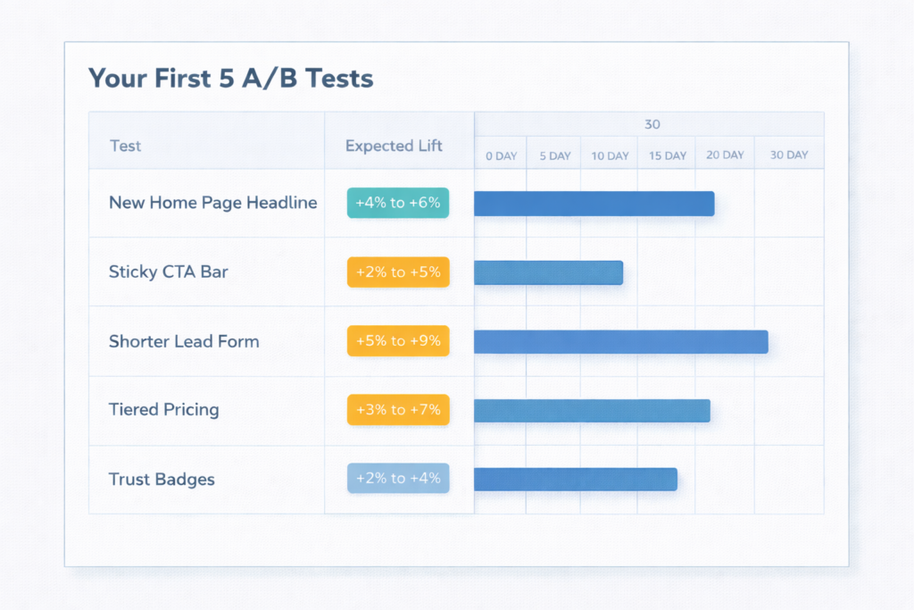 A table titled “Your First 5 A/B Tests” highlights high-impact experiments for your website, showing expected lift percentages and progress bars from 0 to 30 days. Tests include headlines, CTA bar, lead form, pricing, and trust badges.