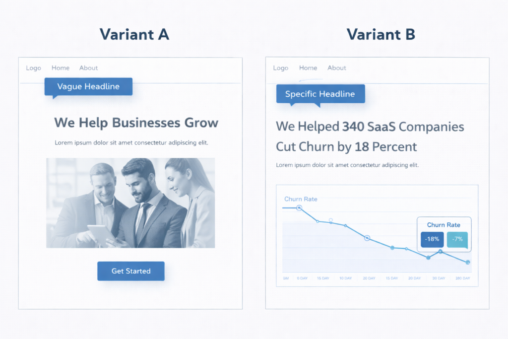 Side-by-side comparison of two web page designs for A/B Testing: Variant A has a vague headline “We Help Businesses Grow” with a group photo, while Variant B presents a specific headline about reducing churn, a line graph, and percentage figures.
