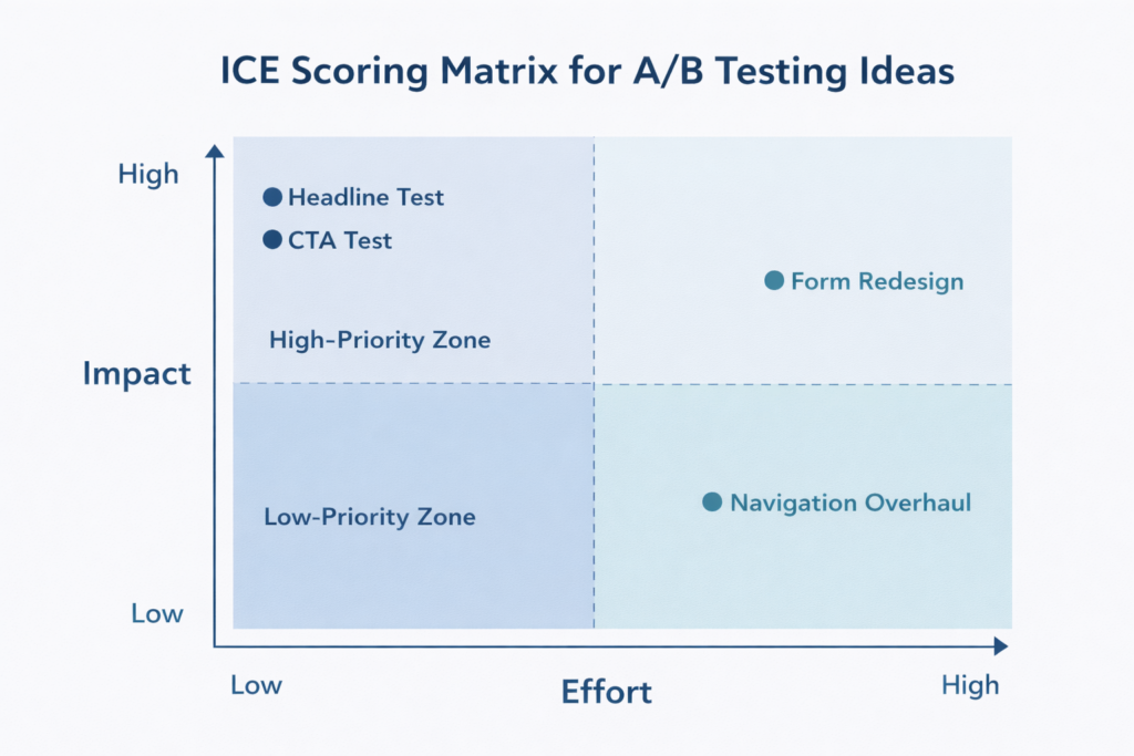 A 2x2 ICE Scoring Matrix for Website Experiments and A/B Testing, with axes labeled Impact (vertical) and Effort (horizontal). Headline Test and CTA Test are high-impact experiments; Form Redesign and Navigation Overhaul require more effort.