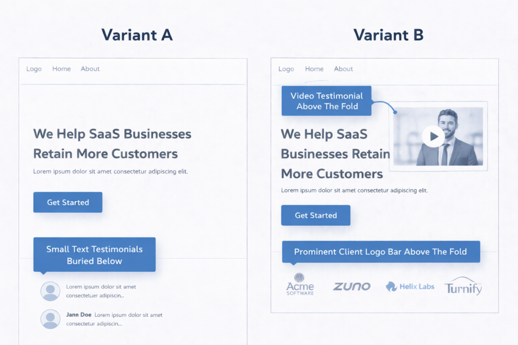 Side-by-side comparison of two website layouts for high-impact experiments: Variant A has a headline, Get Started button, and small text testimonials, while Variant B showcases a video testimonial, headline, and client logos bar above the fold.
