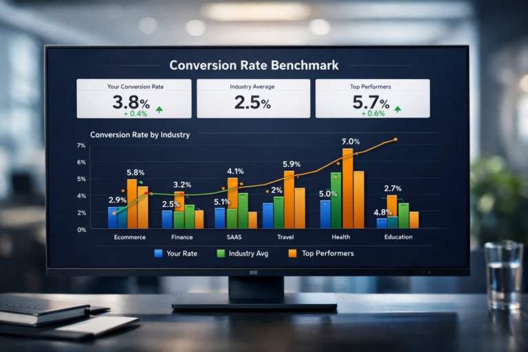 A computer monitor displays a colorful bar and line graph labeled Conversion Rate Benchmark, comparing conversion rate benchmarks by industry—including Ecommerce, Finance, SAAS, Travel, Health, and Education—with key metrics shown above.