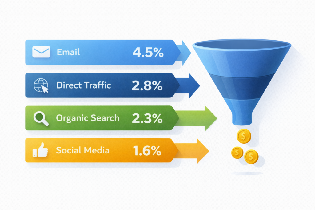 Infographic showing a funnel with four arrows: Email 4.5%, Direct Traffic 2.8%, Organic Search 2.3%, Social Media 1.6%. Coins emerge from the funnel, illustrating Shopify conversion rate benchmarks for your Shopify store by traffic source.