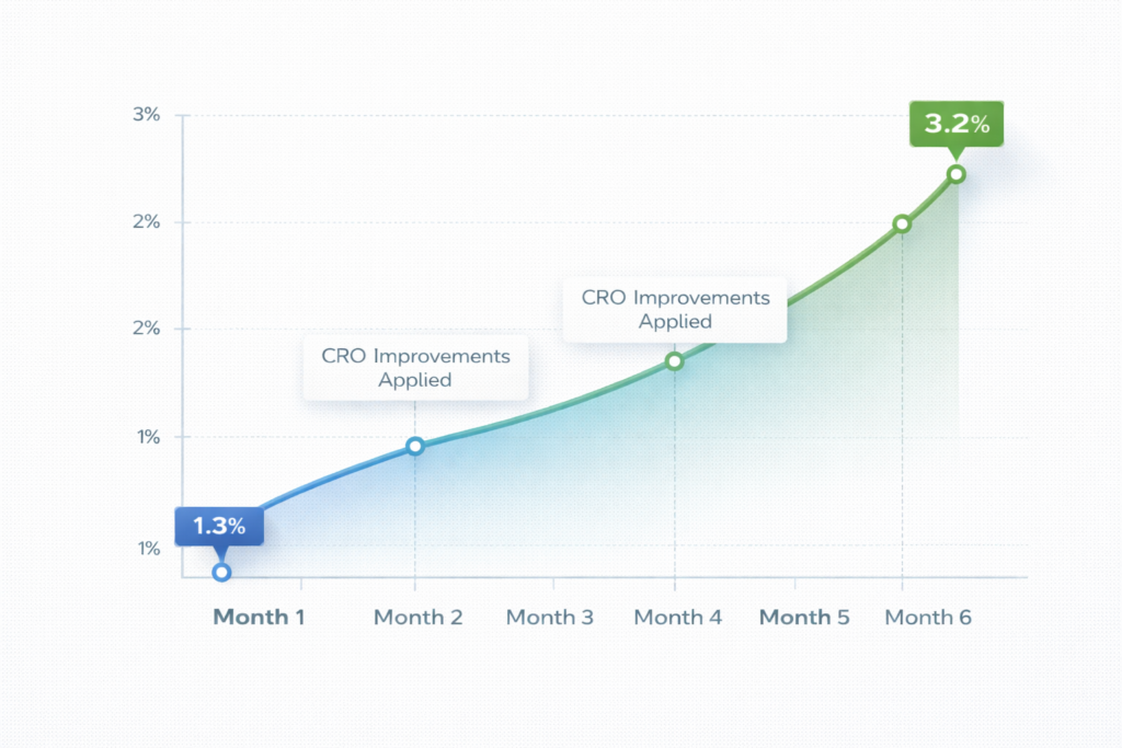 A line graph showing Shopify Conversion Rate rising from 1.3% in Month 1 to 3.2% in Month 6, with points labeled “CRO Improvements Applied” at Months 2 and 4. The graph line curves upward.