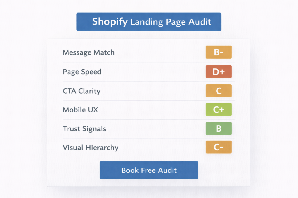 Audit results for Shopify Landing Page Optimization: Message Match B-, Page Speed D+, CTA Clarity C, Mobile UX C+, Trust Signals B, Visual Hierarchy C-. Ready to convert more visitors in 2026? Click the blue "Book Free Audit" button below.